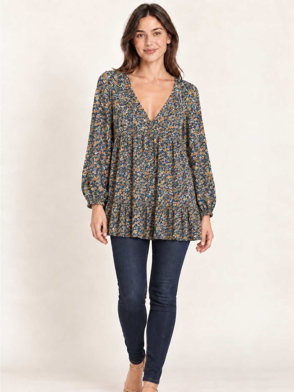V-Neck Floral Peasant Tunic Top - Blue Multi